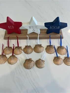 12 Gold Scallop Shells with Red, White & Blue Ribbon - July 4th Decorations